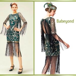 Babeyond 1920's Flapper Sequin Gatsby Dress Size L Color Green NWT